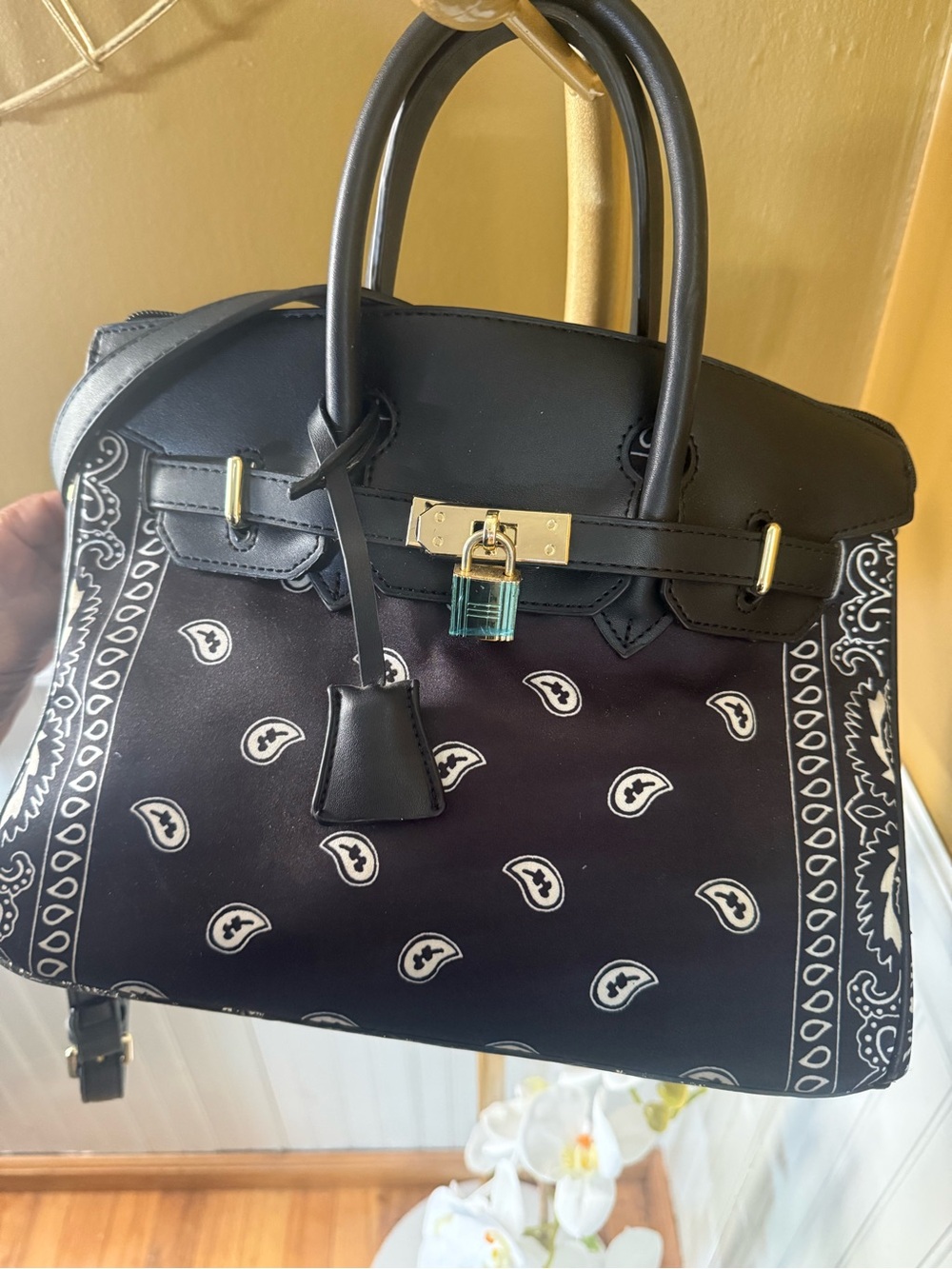 Black Bandana-Print Satchel with Gold Hardware - Picture 2 of 3